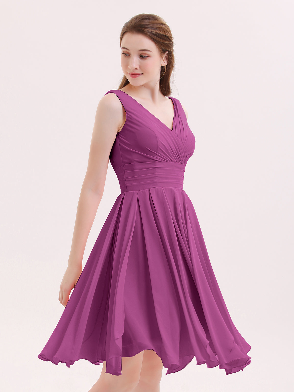 BABARONI Short Chiffon Dress with V Neckline Orchid, Orchid / US0 BABARONI Short Chiffon Dress with V Neckline Orchid, Orchid / US0