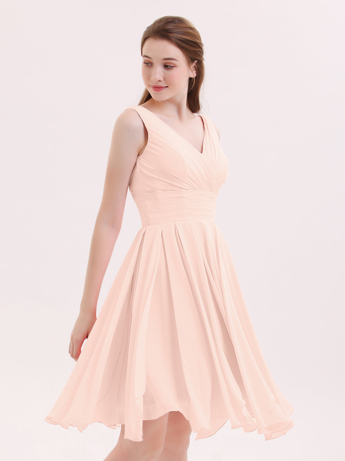 BABARONI Chiffon Pearl Pink Bridesmaid Dresses V-neck Knee-length