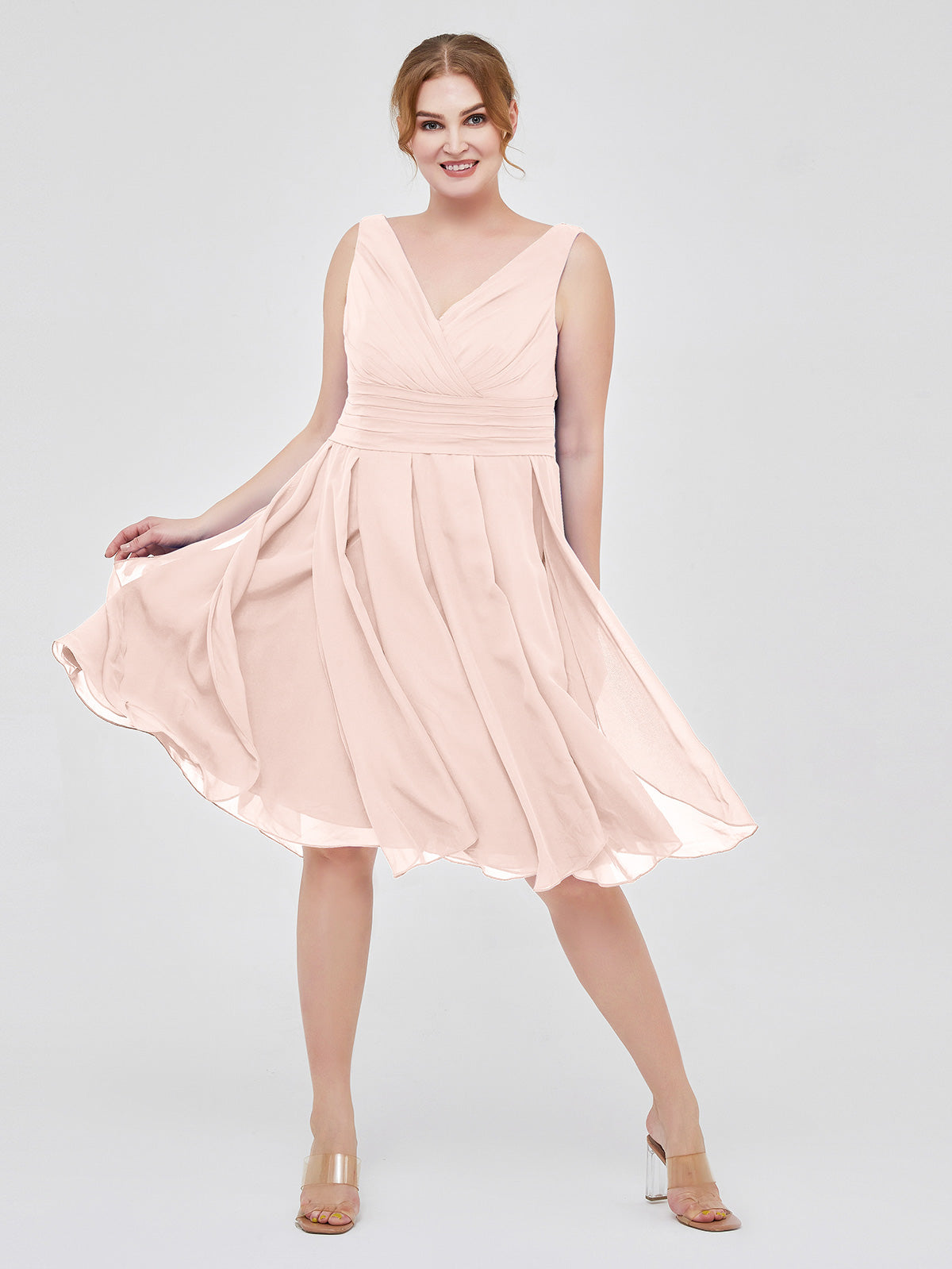plus size knee length bridesmaid dresses BABARONI Chiffon Pearl Pink V-neck Knee-length Sleeveless Ruffle A-line, Pearl Pink / US0 Ariel mermaid dress
