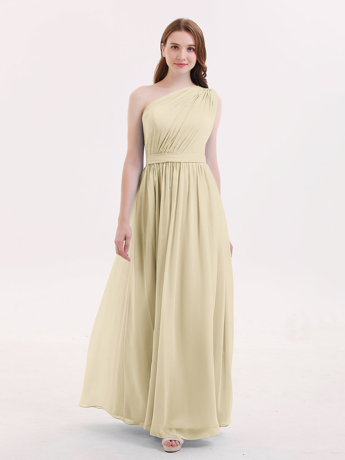 BABARONI One Shoulder Chiffon Long Bridesmaid Dress Champagne, Champagne / US0 BABARONI One Shoulder Chiffon Long Bridesmaid Dress Champagne, Champagne / US0