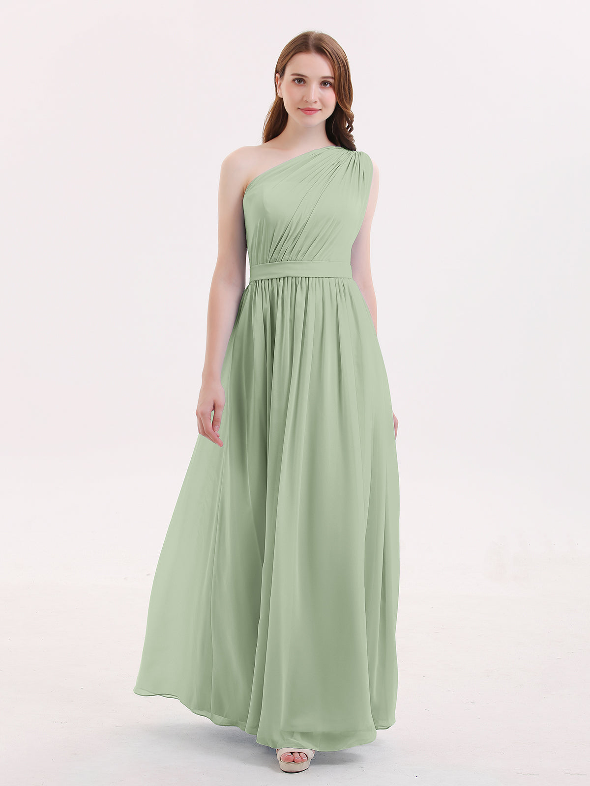 BABARONI One Shoulder Chiffon Long Bridesmaid Dress Dusty Sage, Dusty Sage / US0