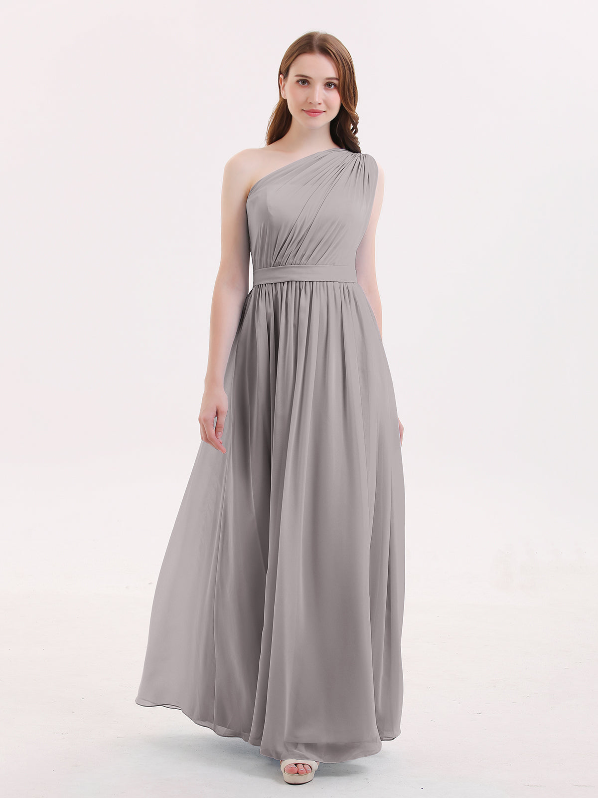BABARONI One Shoulder Chiffon Long Bridesmaid Dress Silver, Silver / US0
