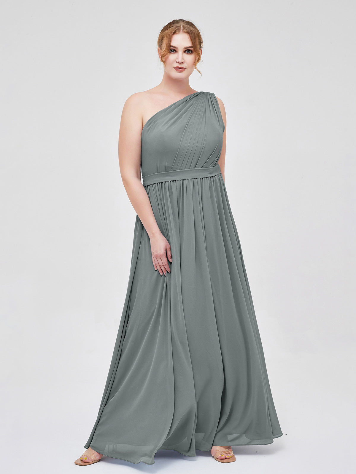 BABARONI One Shoulder Chiffon Long Bridesmaid Dress Steel Grey, Steel Grey / US0