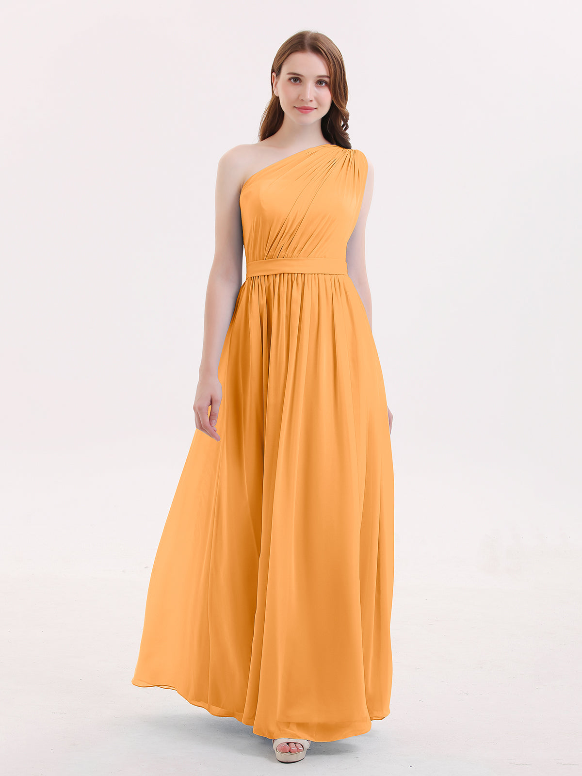 BABARONI Chiffon Tangerine Bridesmaid Dresses One Shoulder Floor-length