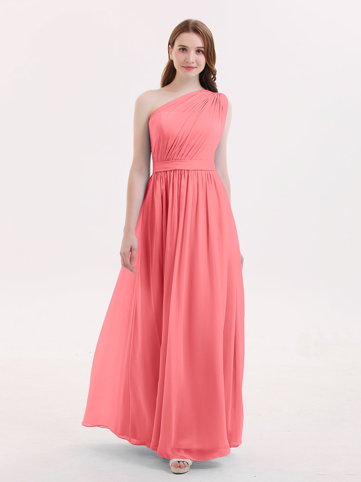 blue dress for baby girl BABARONI One Shoulder Chiffon Long Bridesmaid Dress Watermelon, Watermelon / US0