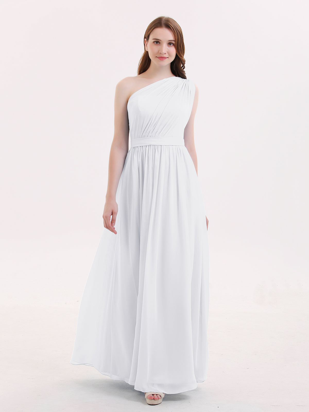 open lace back dress BABARONI One Shoulder Chiffon Long Bridesmaid Dress White, White / US0