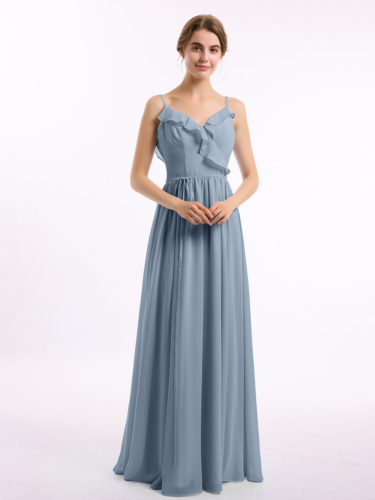 Spaghetti Strap Chiffon Bridesmaid Gown with V Neck Daffodil Plus Size