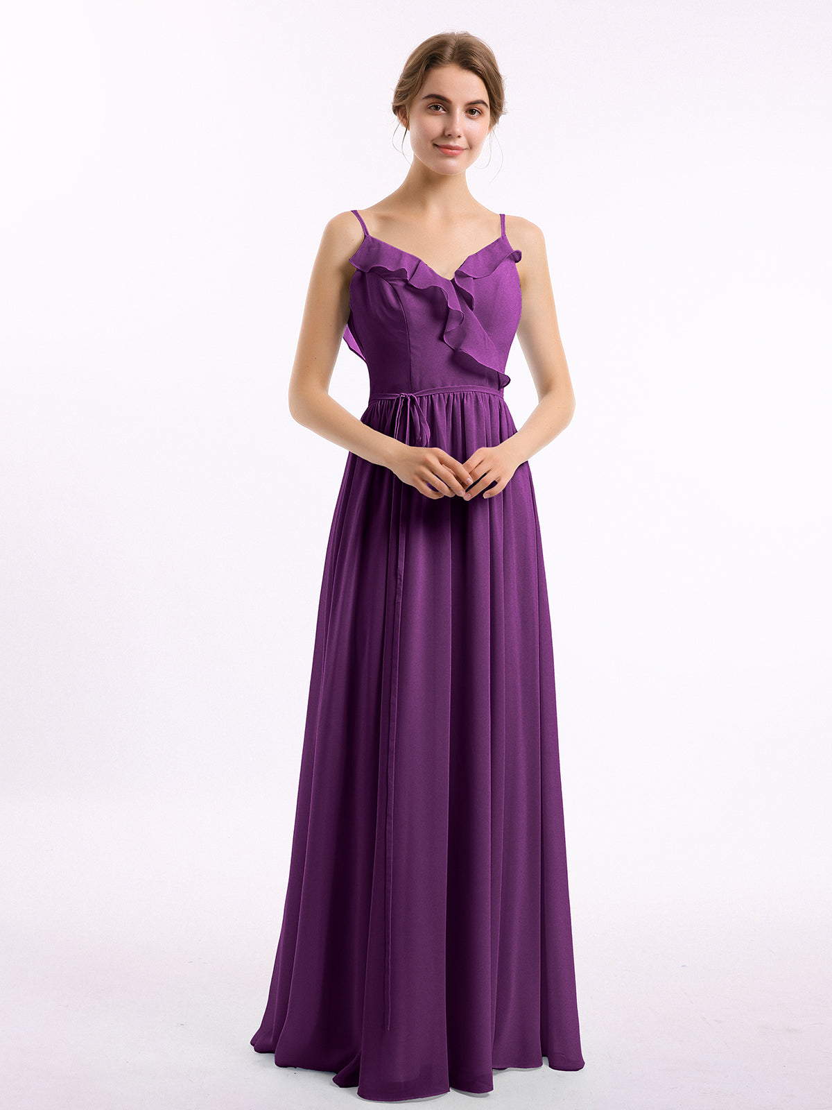 V-neck Chiffon Bridesmaid Gowns with Spaghetti Straps Marigold Plus Size