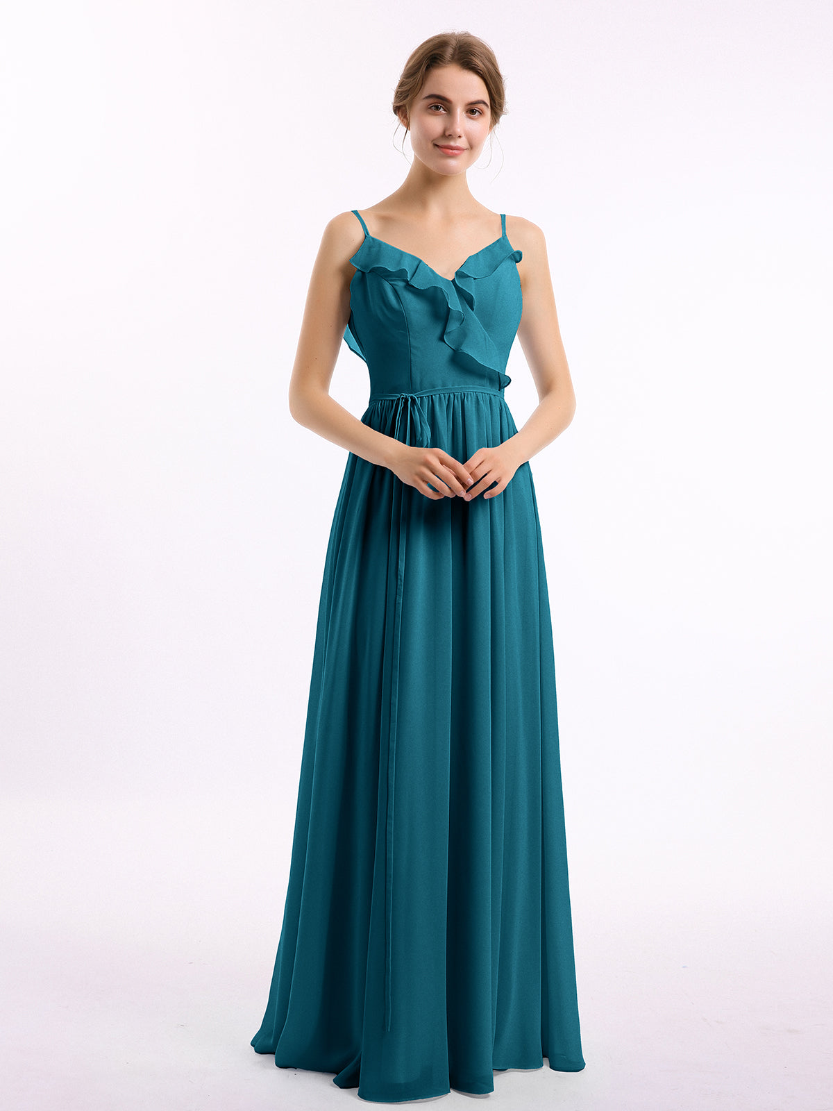 Spaghetti Strap Chiffon Bridesmaid Gown with V Neck Red Plus Size