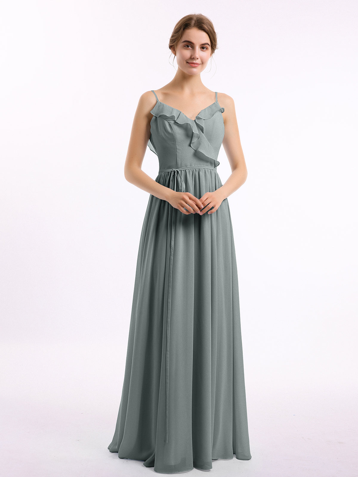 V-neck Chiffon Bridesmaid Gowns with Spaghetti Straps Terracotta Plus Size