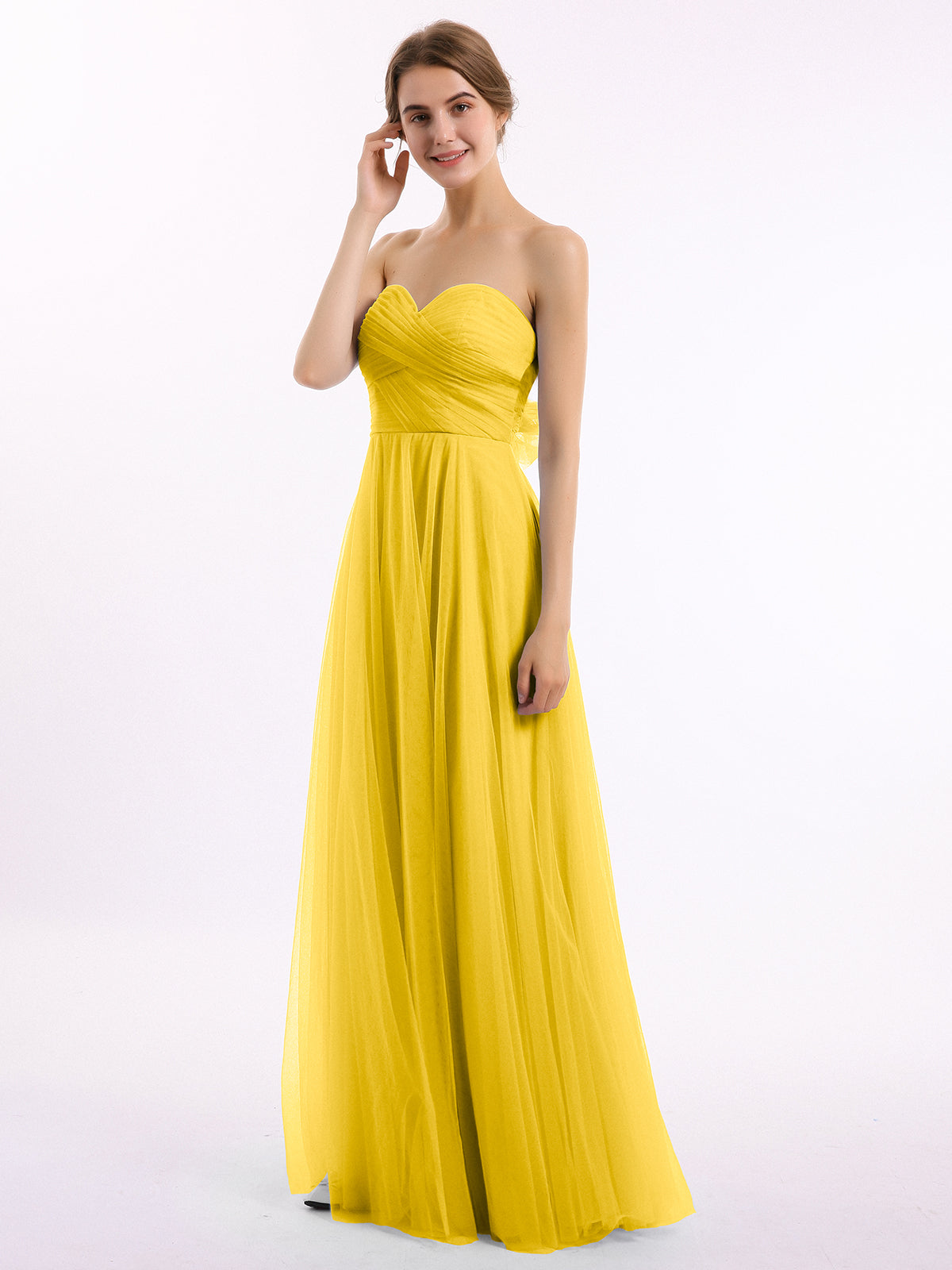 Long Tulle Bridesmaid Dress with Illusion Neck Marigold Plus Size