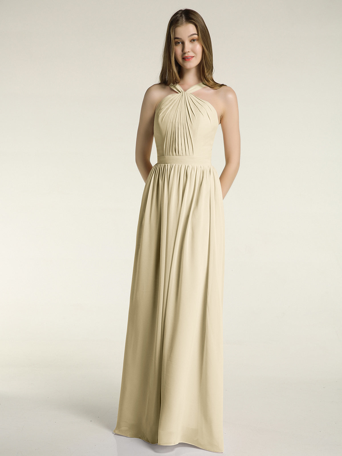 Full Skit Chiffon Bridesmaid Dress with Y Neck Lemon Plus Size