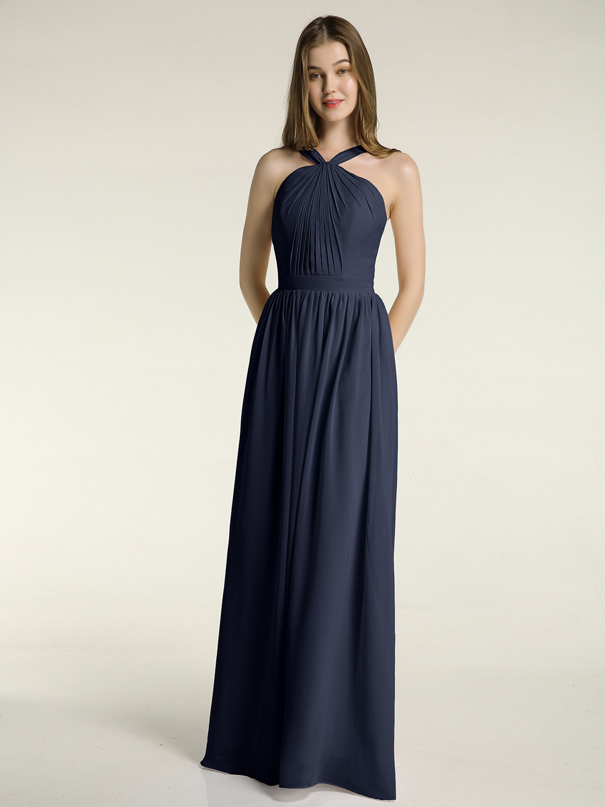 Short Chiffon Bridesmaid Dress with V Neck Dark Navy Plus Size
