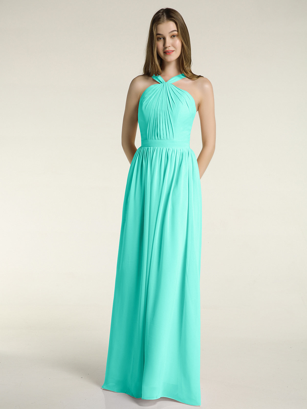 High Neck Slit Detail Long Junior Bridesmaid Dress Spa