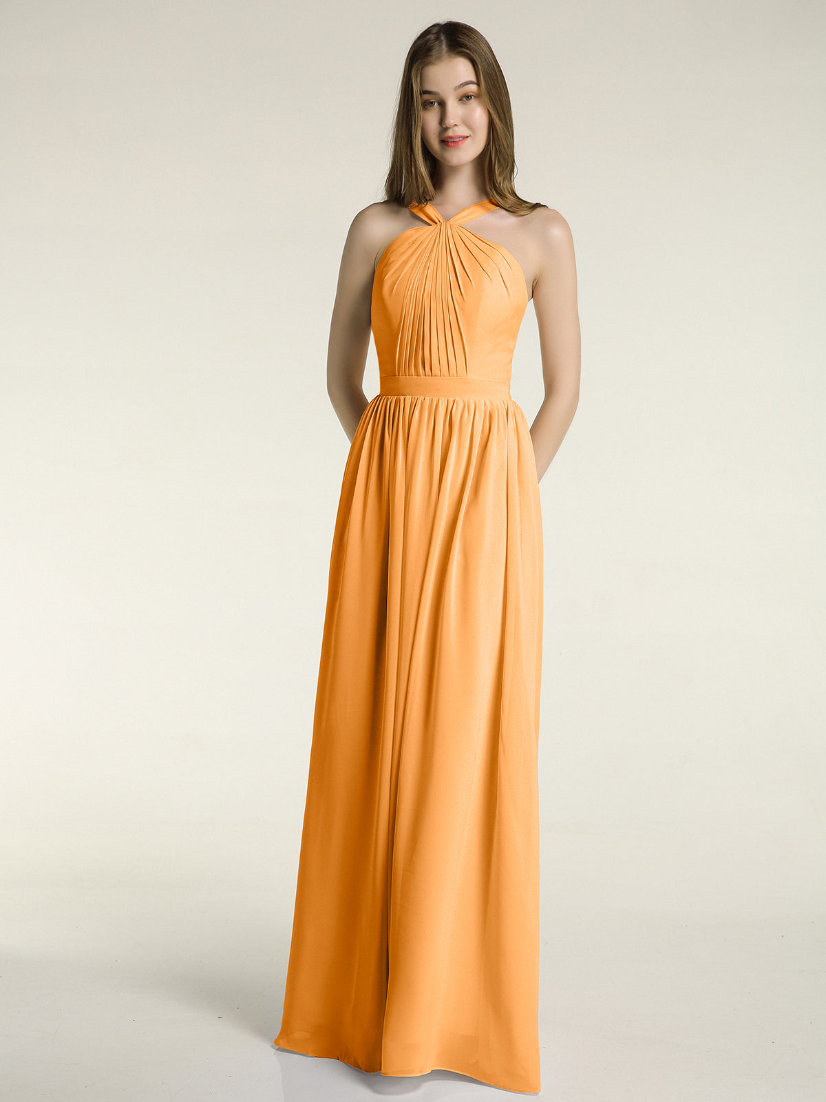 BABARONI Chiffon Tangerine Bridesmaid Dresses Halter Floor-length