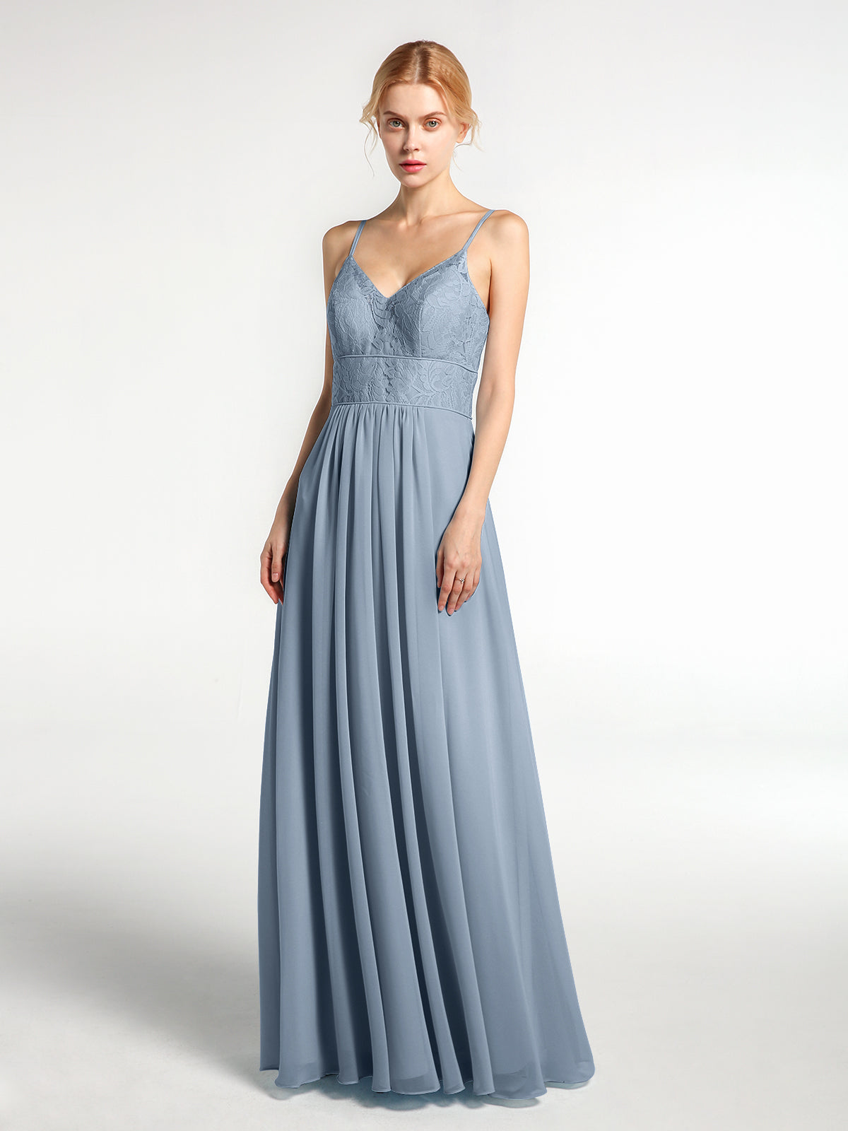 BABARONI Spaghetti Straps Chiffon and Lace Dresses-Dusty Blue, Dusty Blue / US0