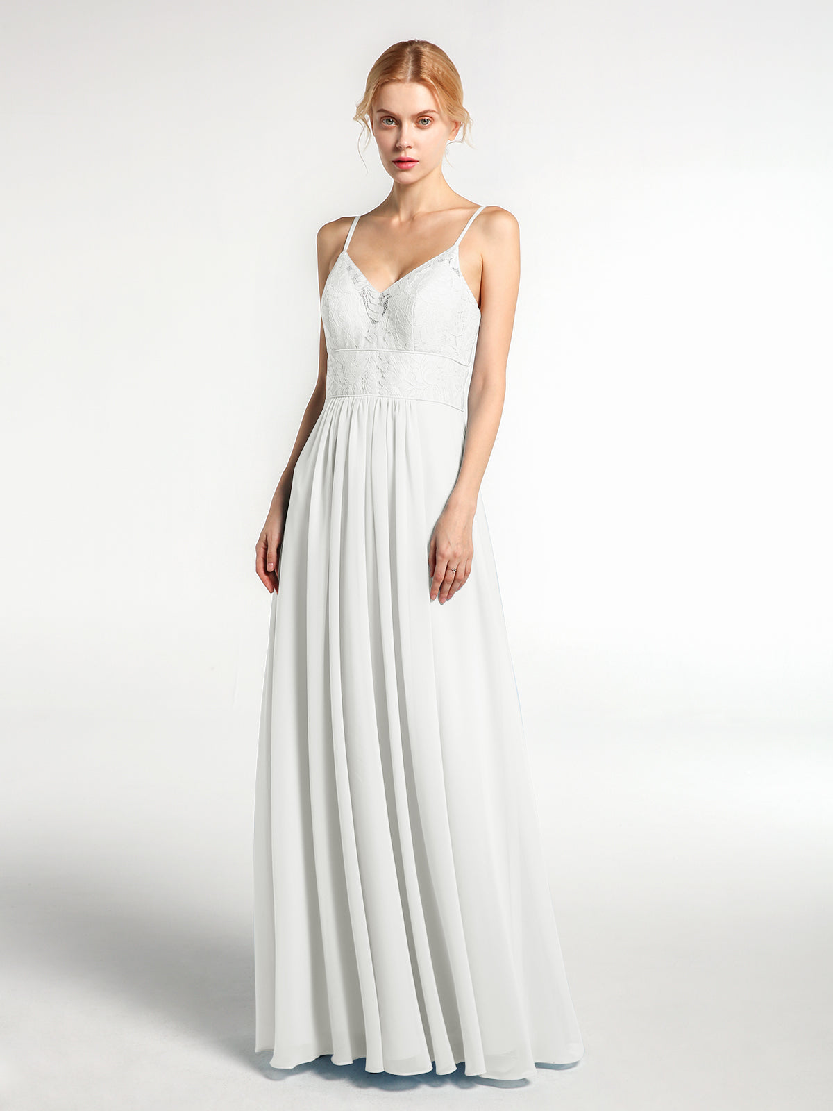Chiffon Gown with Spaghetti Straps and Cascade Skirt Ivory