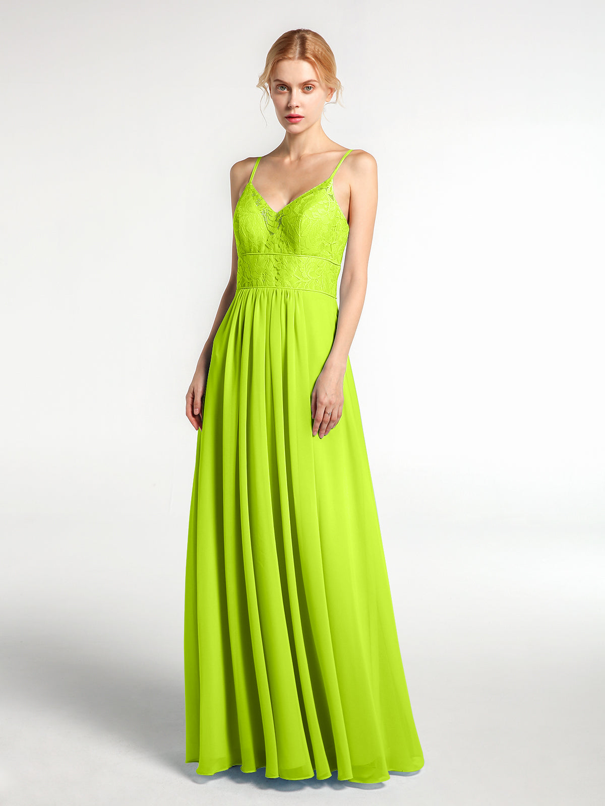 Long Spaghetti Straps Chiffon Dress with Lace Top Olive Green Plus Size