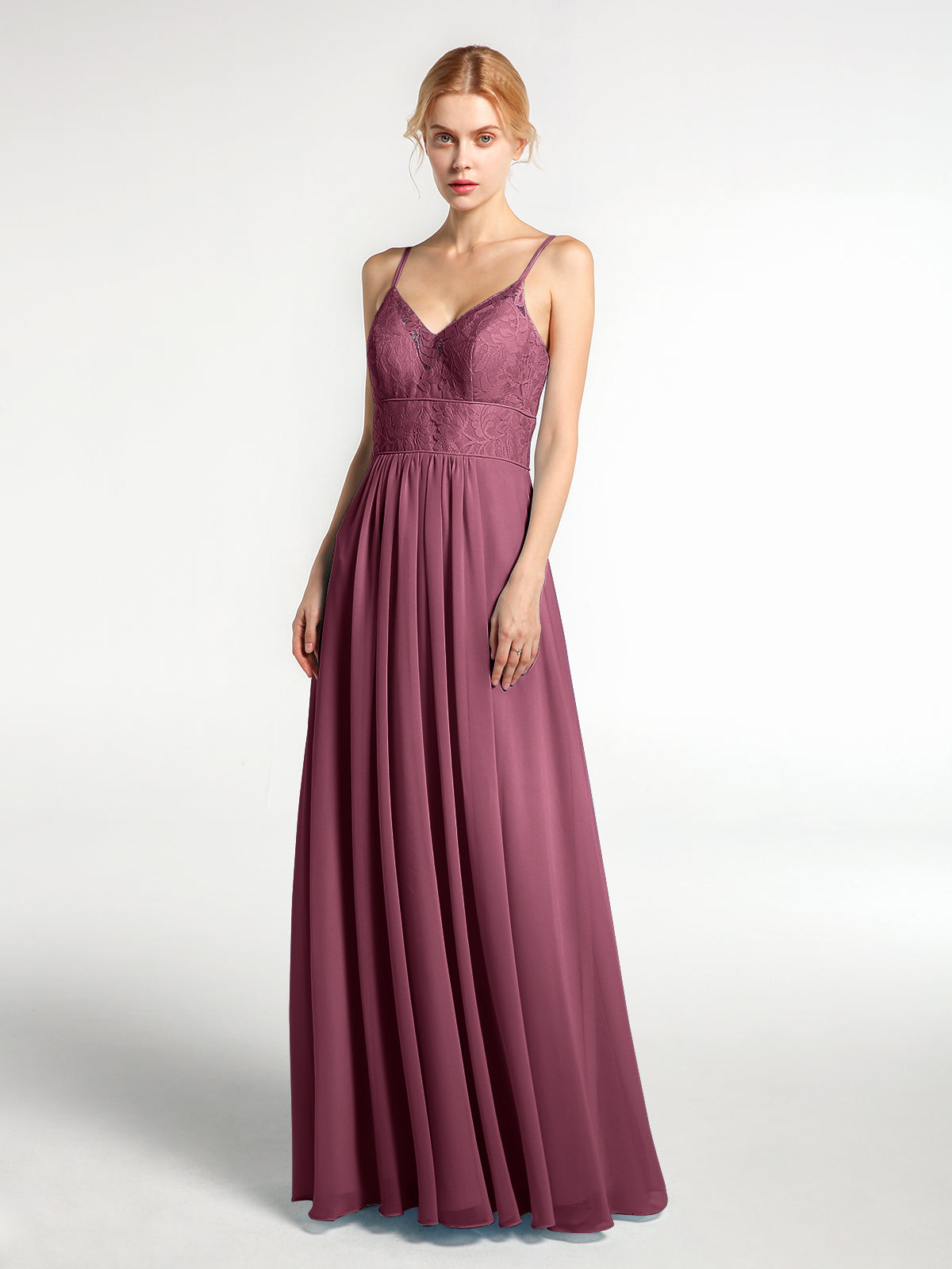 V-neck Long Chiffon Gown with Spaghetti Straps Mulberry