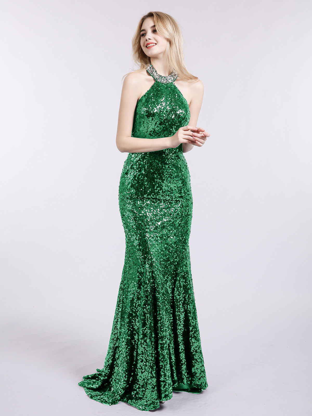 BABARONI Halter Lower Back Sequins Mermaid Gown-Dark Green Plus size, Dark Green / US18 BABARONI Halter Lower Back Sequins Mermaid Gown-Dark Green Plus size, Dark Green / US18