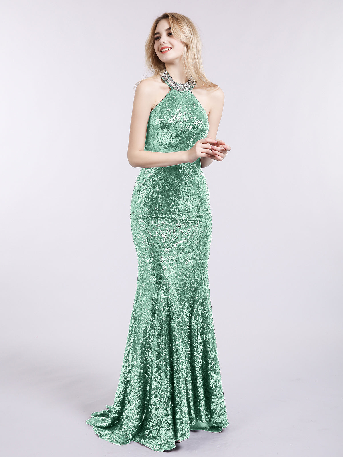 BABARONI Halter Lower Back Sequins Mermaid Gown-Mint Green Plus Size, Mint Green / US18