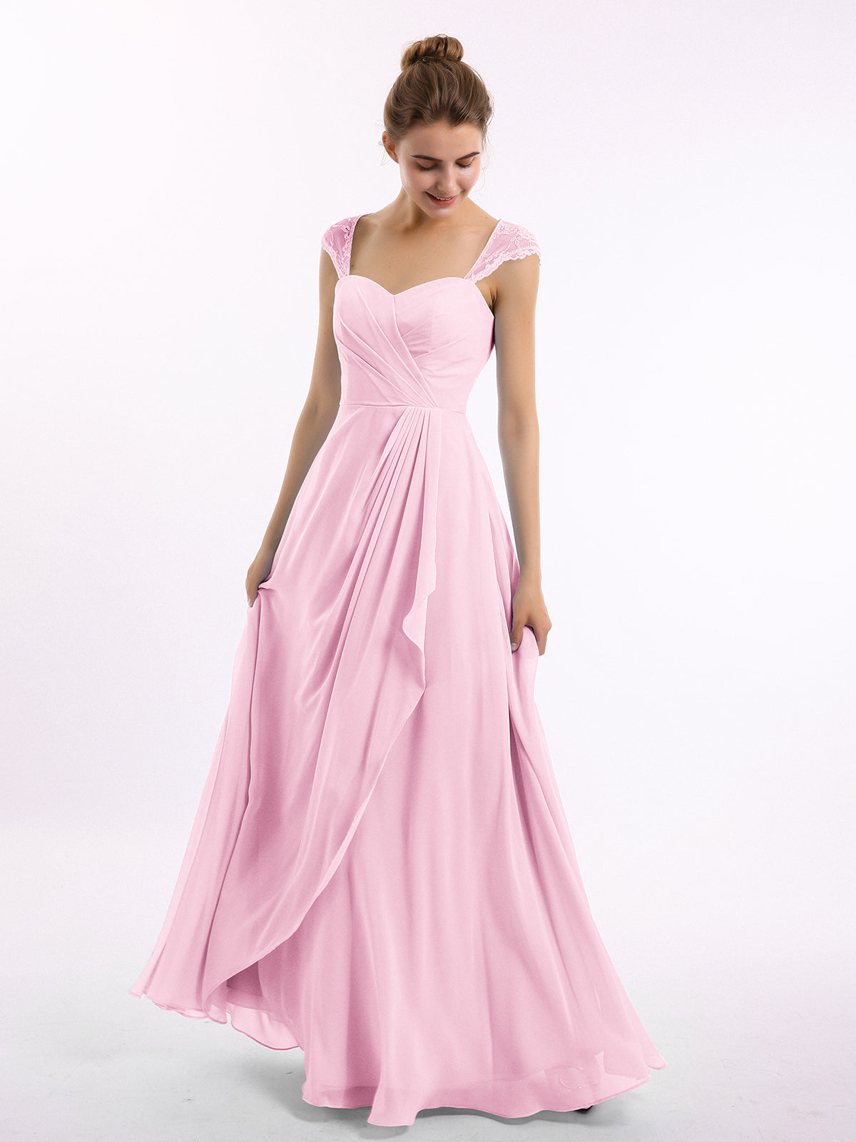 Chiffon Bridesmaid Dresses with Lace Cap Sleeves-Candy Pink - Candy Pink / US0 Chiffon Bridesmaid Dresses with Lace Cap Sleeves-Candy Pink - Candy Pink / US0