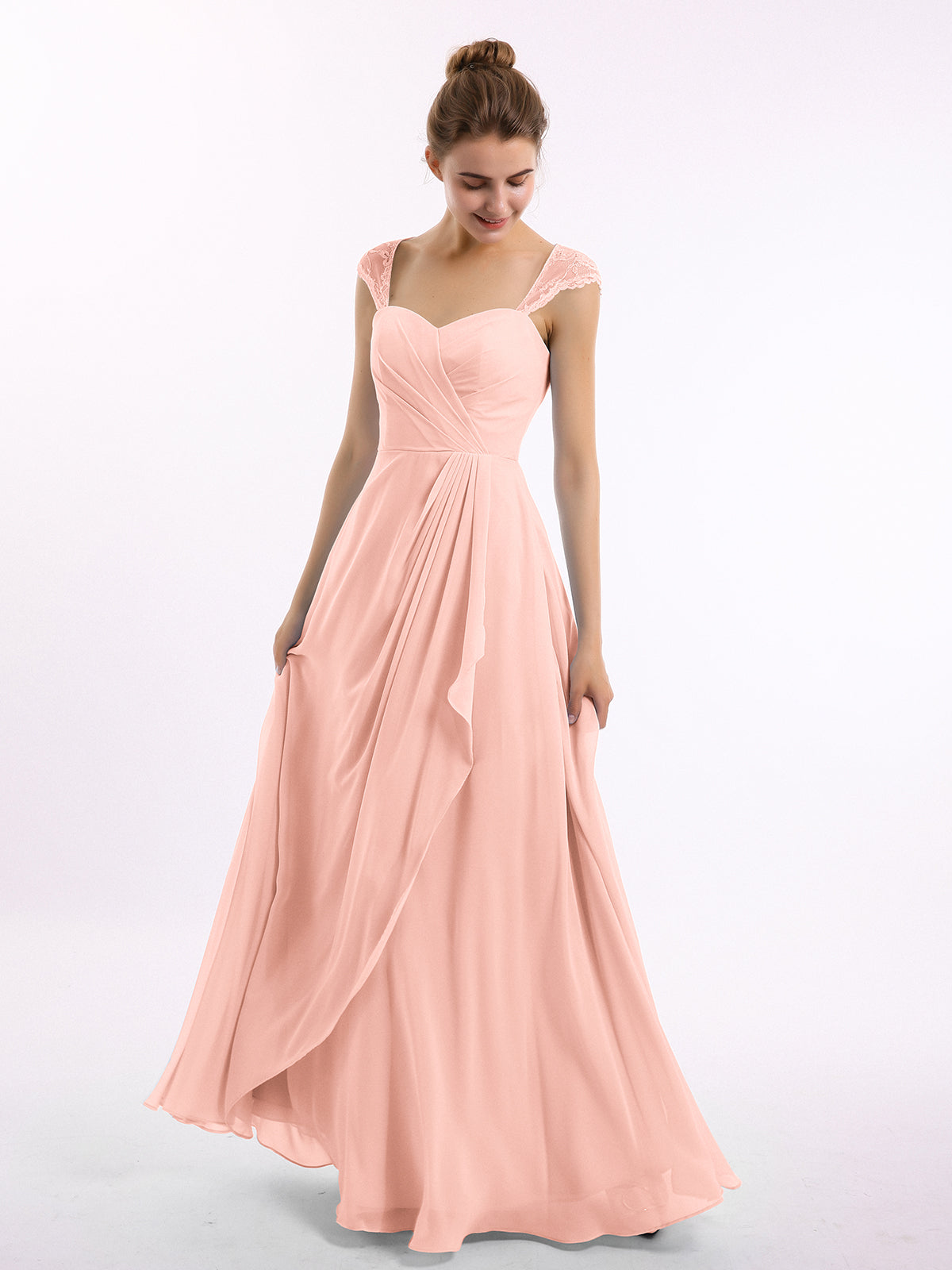 BABARONI Chiffon Bridesmaid Dresses with Lace Cap Sleeves-Coral Plus Size, Coral / US18