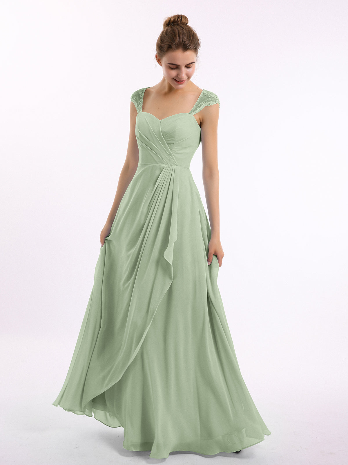 BABARONI Chiffon Bridesmaid Dresses with Lace Cap Sleeves-Dusty Sage, Dusty Sage / US0 BABARONI Chiffon Bridesmaid Dresses with Lace Cap Sleeves-Dusty Sage, Dusty Sage / US0