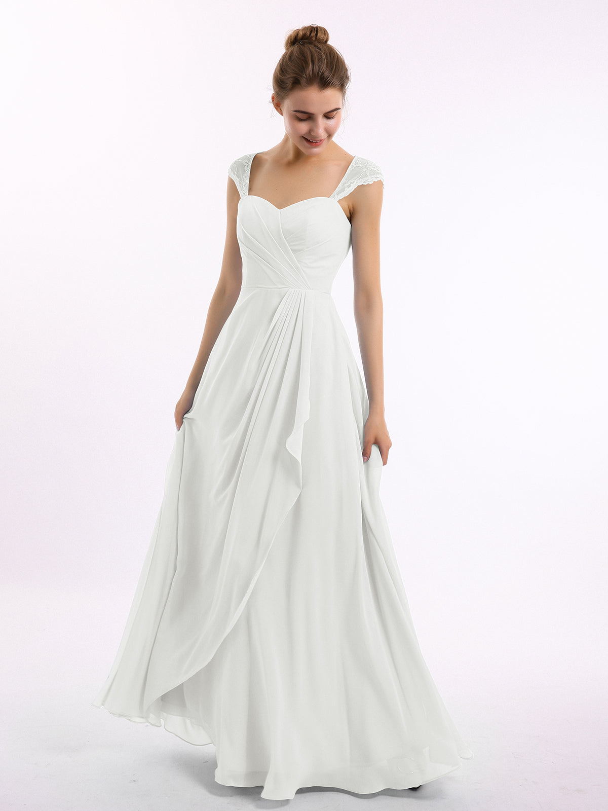 BABARONI Chiffon Bridesmaid Dresses with Lace Cap Sleeves-Ivory, Ivory / US0 BABARONI Chiffon Bridesmaid Dresses with Lace Cap Sleeves-Ivory, Ivory / US0