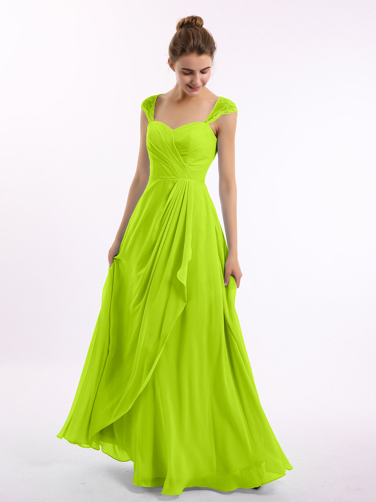BABARONI Chiffon Lime Green Bridesmaid Dresses Sweetheart Floor-length Cap Sleeve Ruffle A-line BABARONI Chiffon Lime Green Bridesmaid Dresses Sweetheart Floor-length Cap Sleeve Ruffle A-line