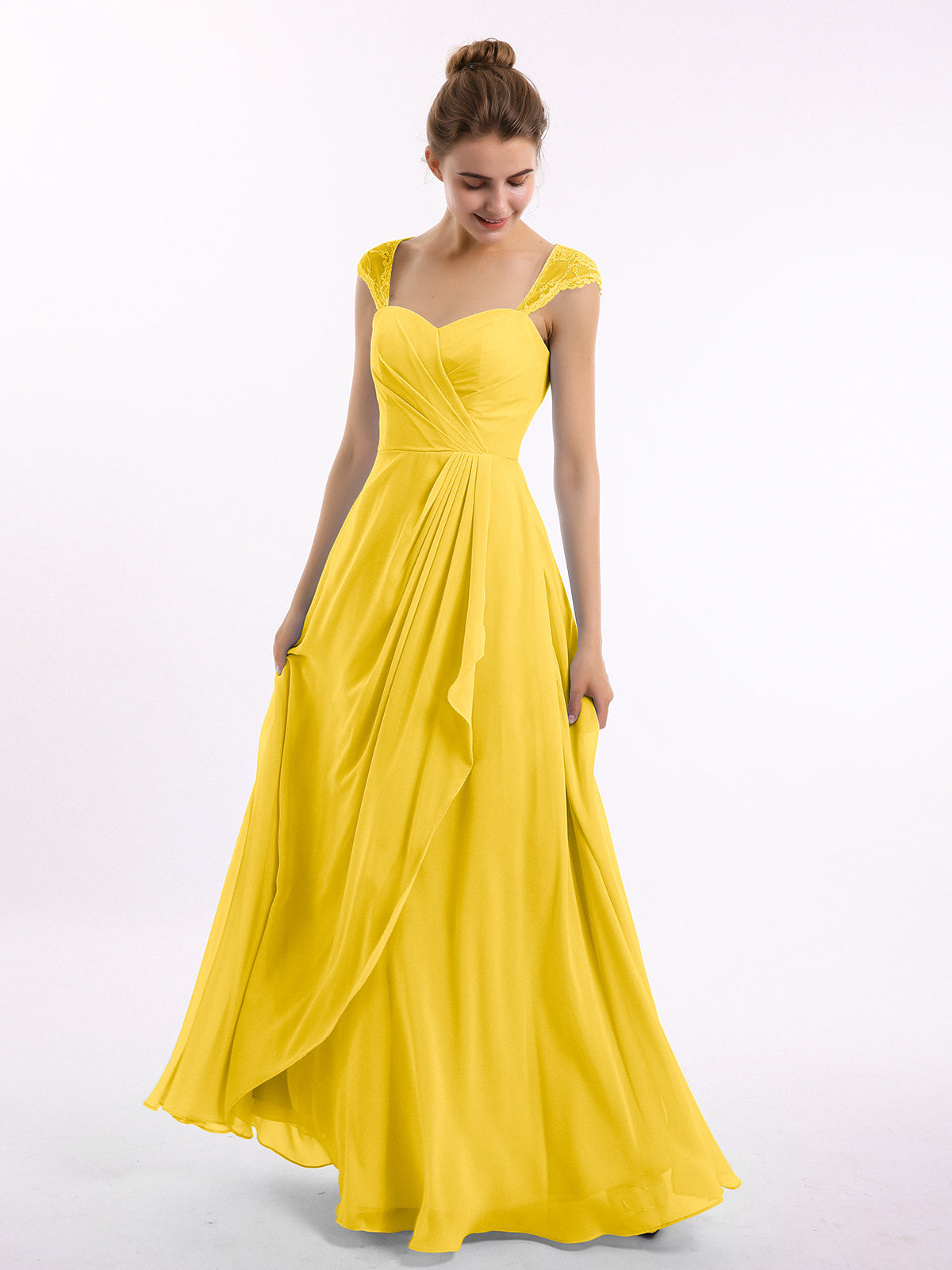 Marley Chiffon Bridesmaid Dresses with Lace Cap Sleeves-Marigold Plus Size  | BABARONI