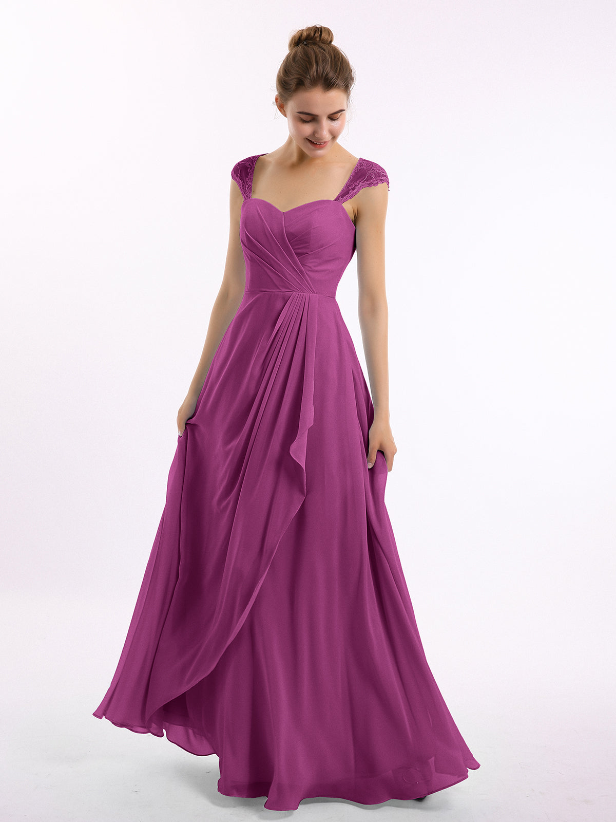 BABARONI Chiffon Bridesmaid Dresses with Lace Cap Sleeves-Orchid, Orchid / US0 BABARONI Chiffon Bridesmaid Dresses with Lace Cap Sleeves-Orchid, Orchid / US0