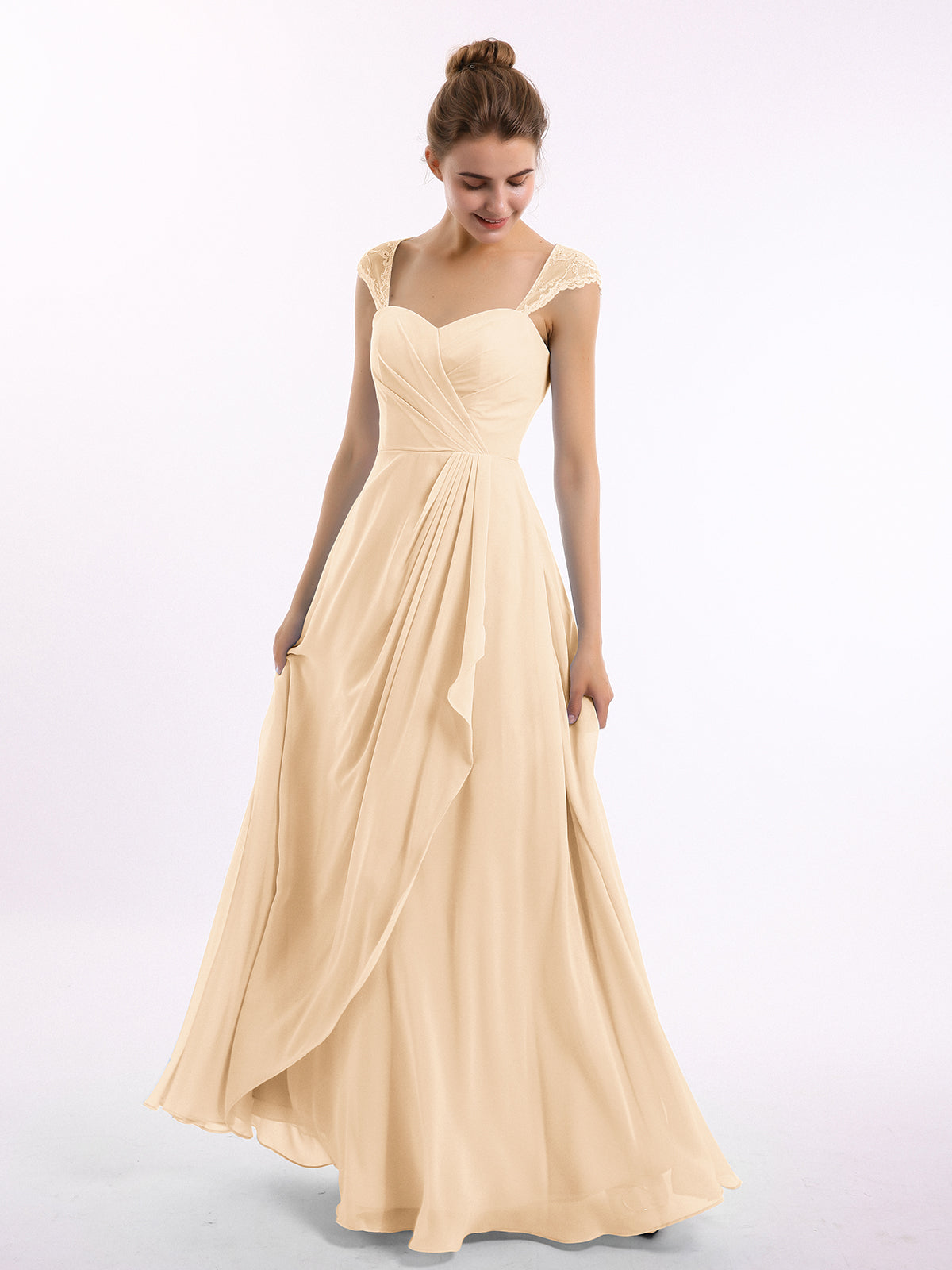Chiffon Illusion Neck Maxi Gowns Of Bridesmaids Peach Plus Size