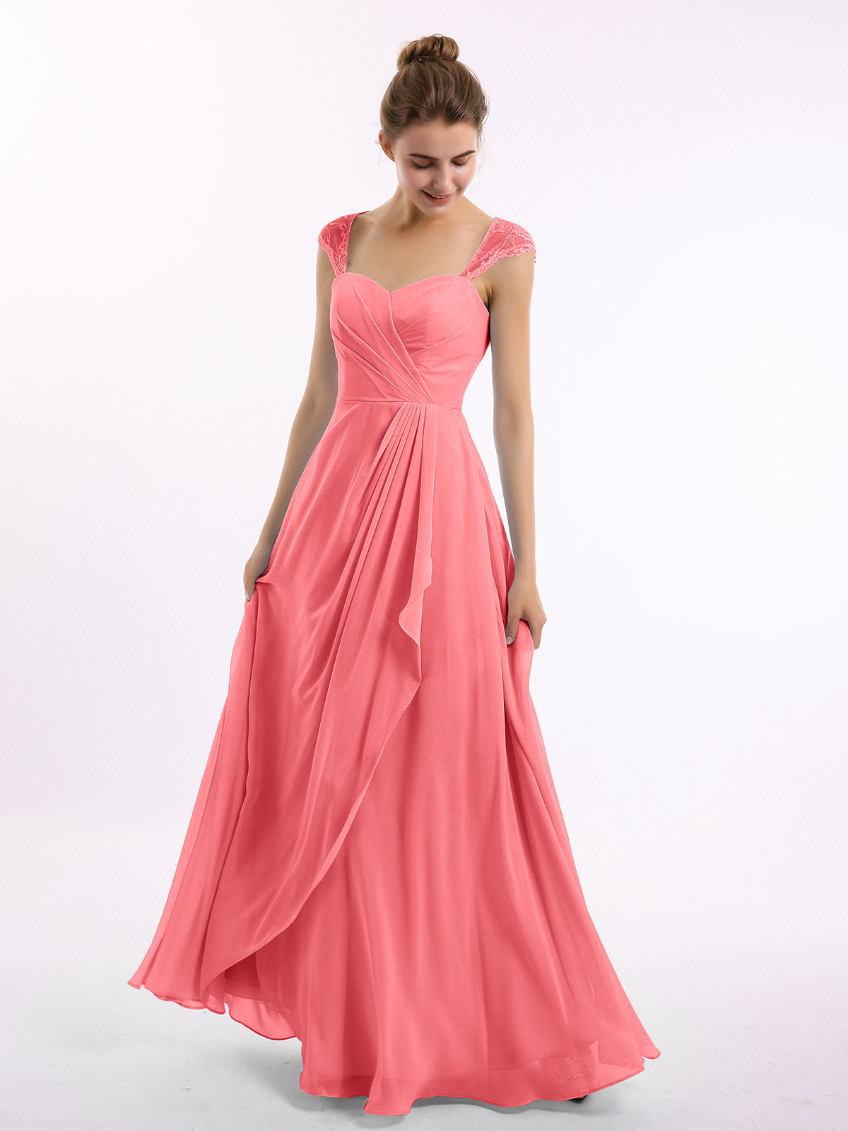 BABARONI Chiffon Bridesmaid Dresses with Lace Cap Sleeves-Watermelon, Watermelon / US0 BABARONI Chiffon Bridesmaid Dresses with Lace Cap Sleeves-Watermelon, Watermelon / US0