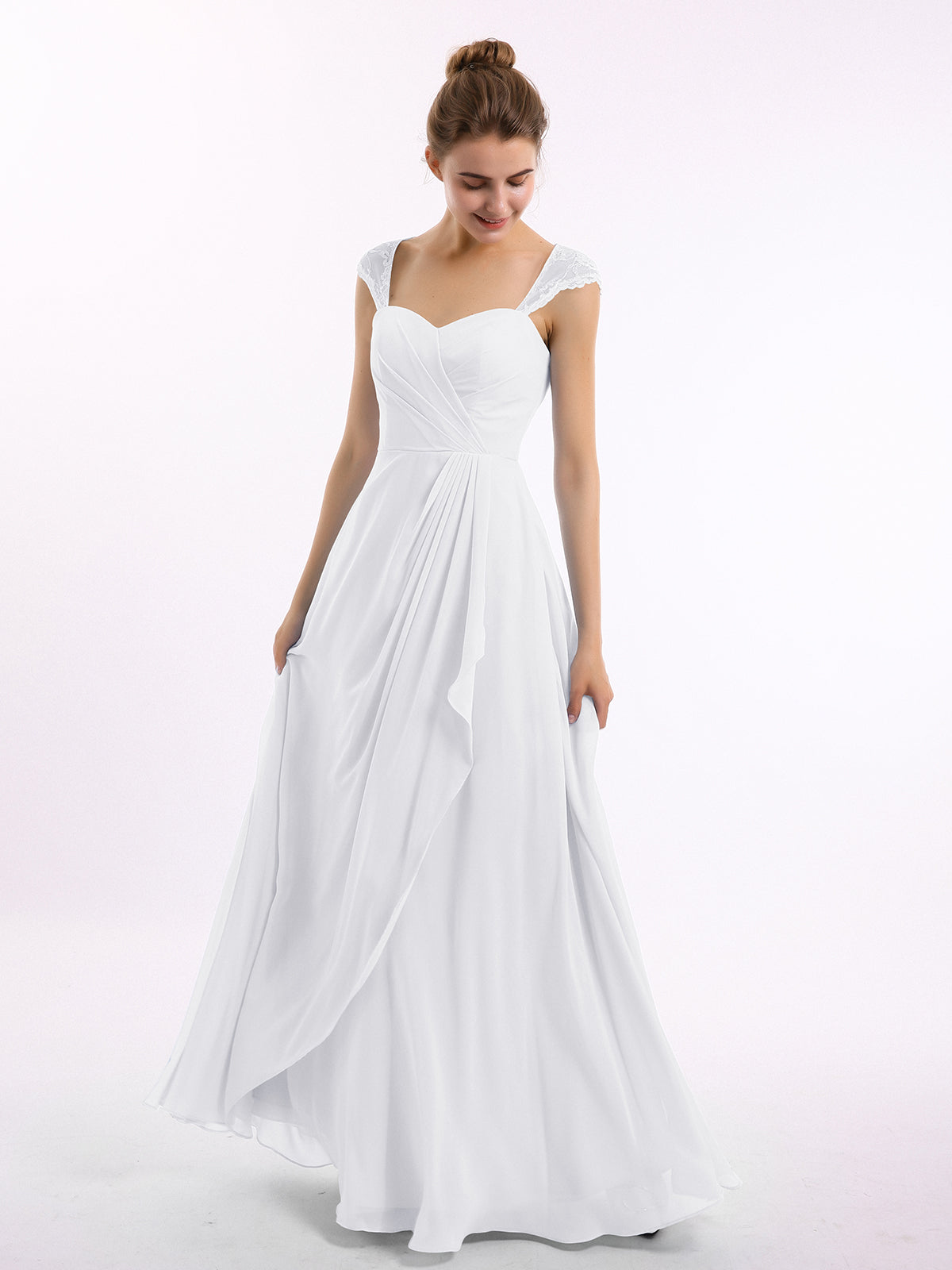 BABARONI Chiffon White Bridesmaid Dresses Sweetheart Floor-length Cap Sleeve Ruffle A-line BABARONI Chiffon White Bridesmaid Dresses Sweetheart Floor-length Cap Sleeve Ruffle A-line