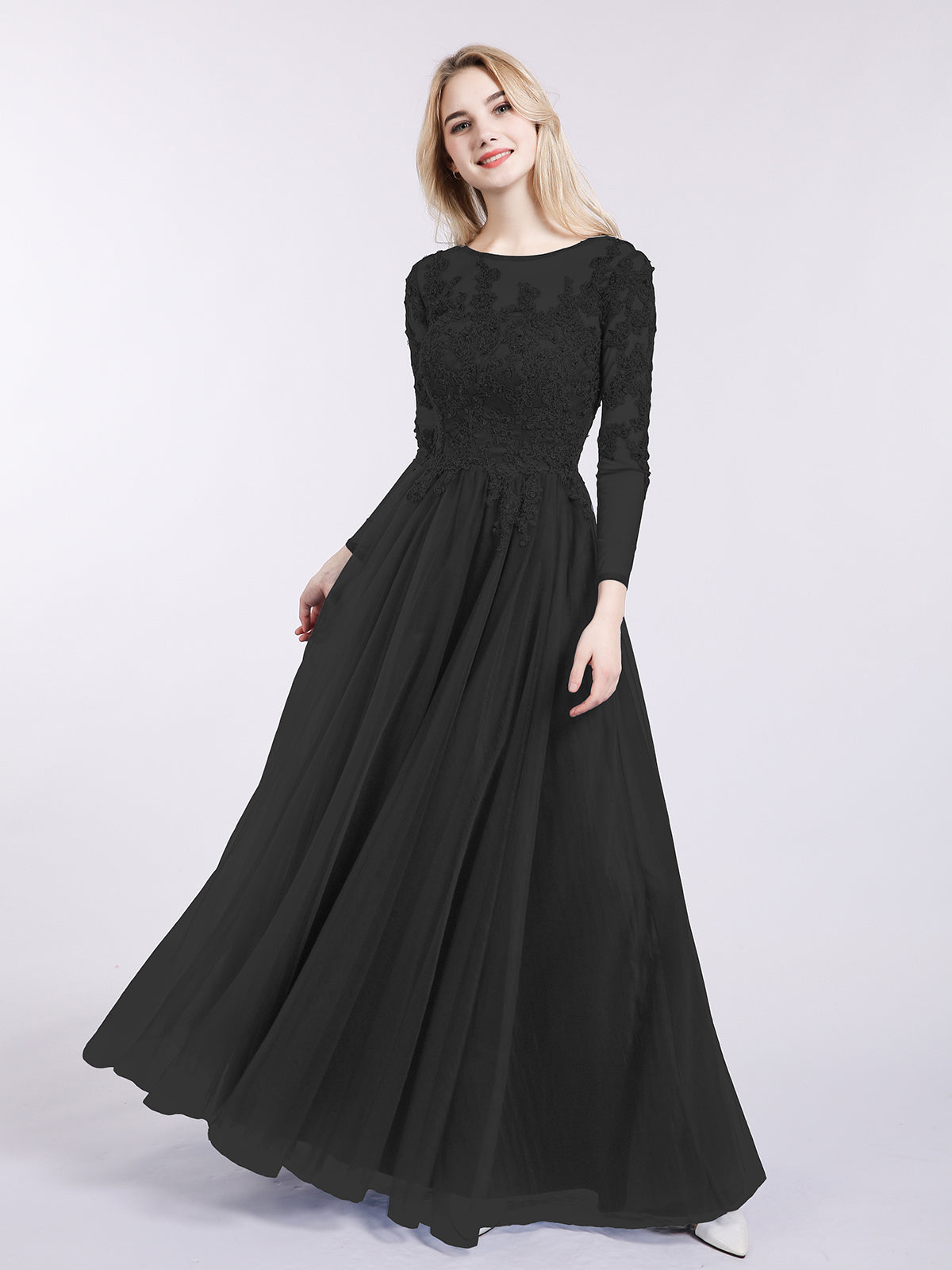 BABARONI Tulle with Appliqued Long Sleeves Dress-Black, Black / US0 BABARONI Tulle with Appliqued Long Sleeves Dress-Black, Black / US0