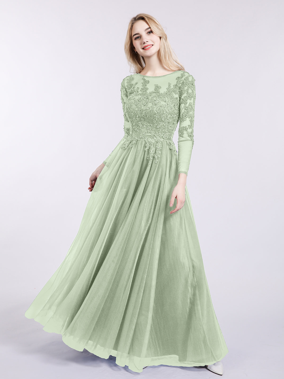 BABARONI Tulle with Appliqued Long Sleeves Dress-Dusty Sage, Dusty Sage / US0 BABARONI Tulle with Appliqued Long Sleeves Dress-Dusty Sage, Dusty Sage / US0