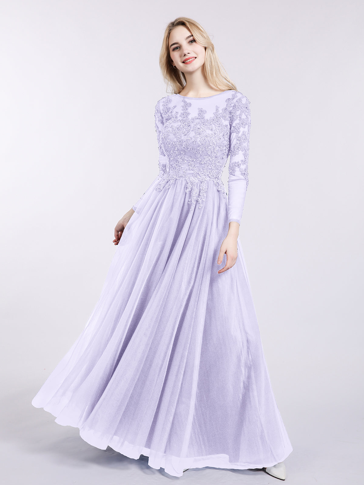 BABARONI Tulle with Appliqued Long Sleeves Dress-Lilac, Lilac / US0