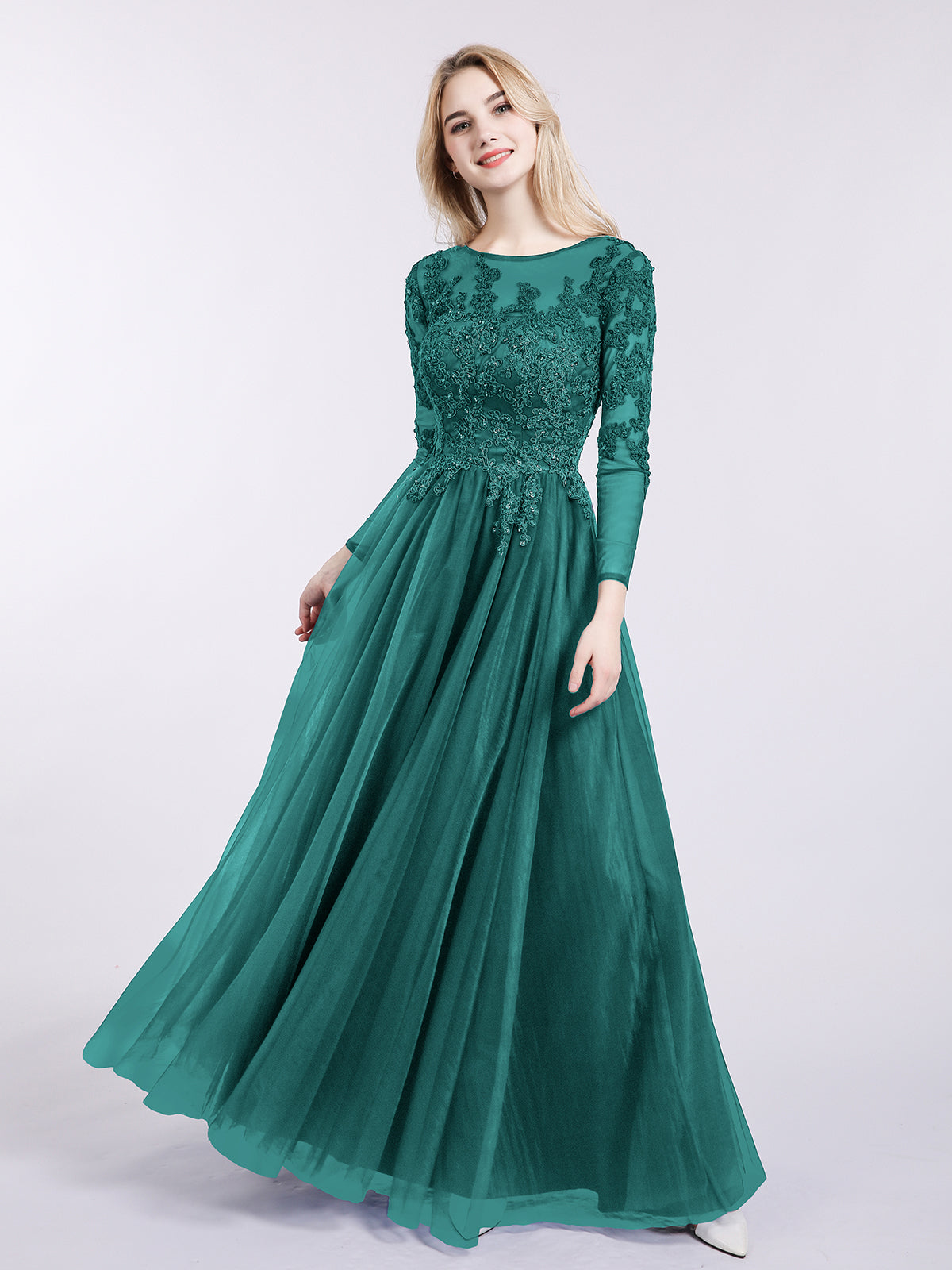 BABARONI Tulle with Appliqued Long Sleeves Dress-Peacock, Peacock / US0
