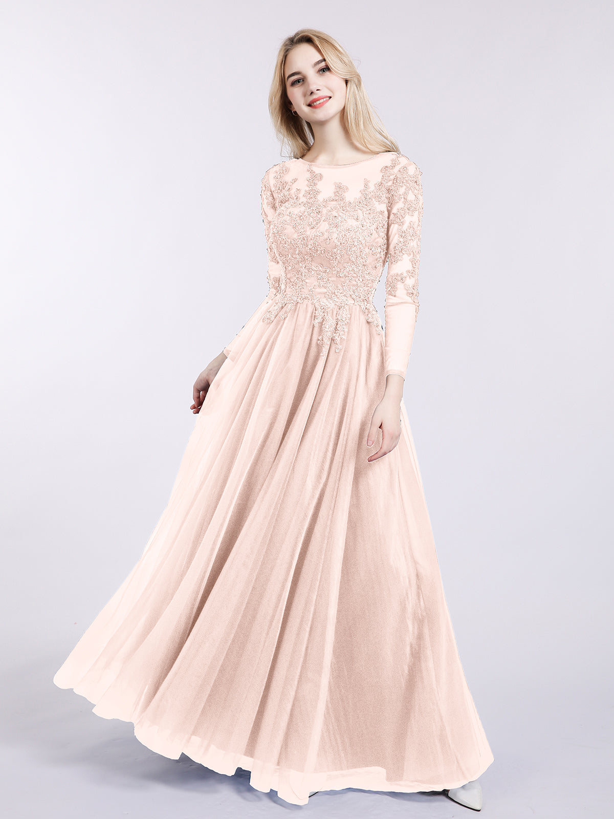 BABARONI Tulle with Appliqued Long Sleeves Dress-Pearl Pink, Pearl Pink / US0
