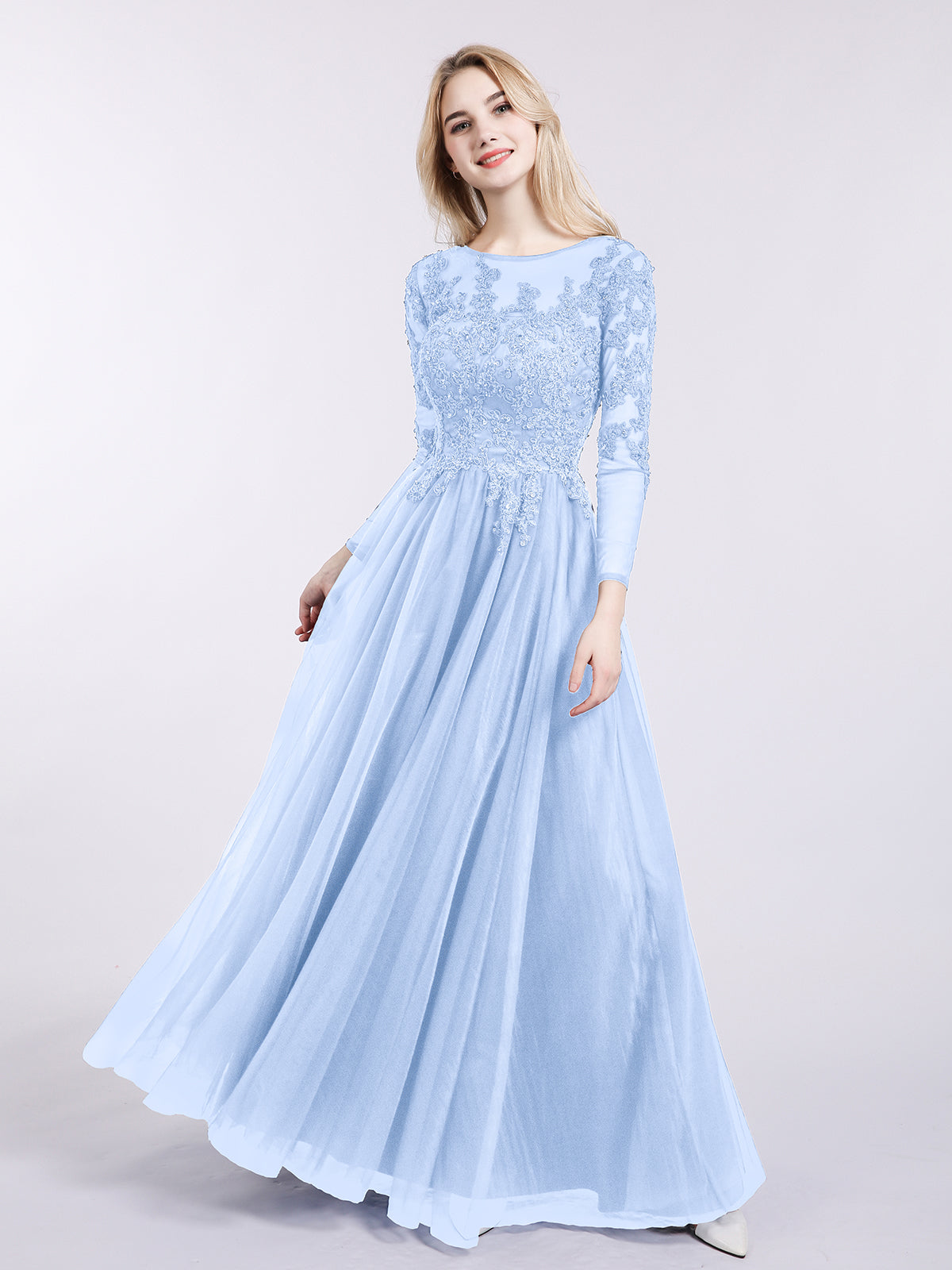 Martha Tulle with Appliqued Long Sleeves Dress-Sky Blue Plus Size | BABARONI