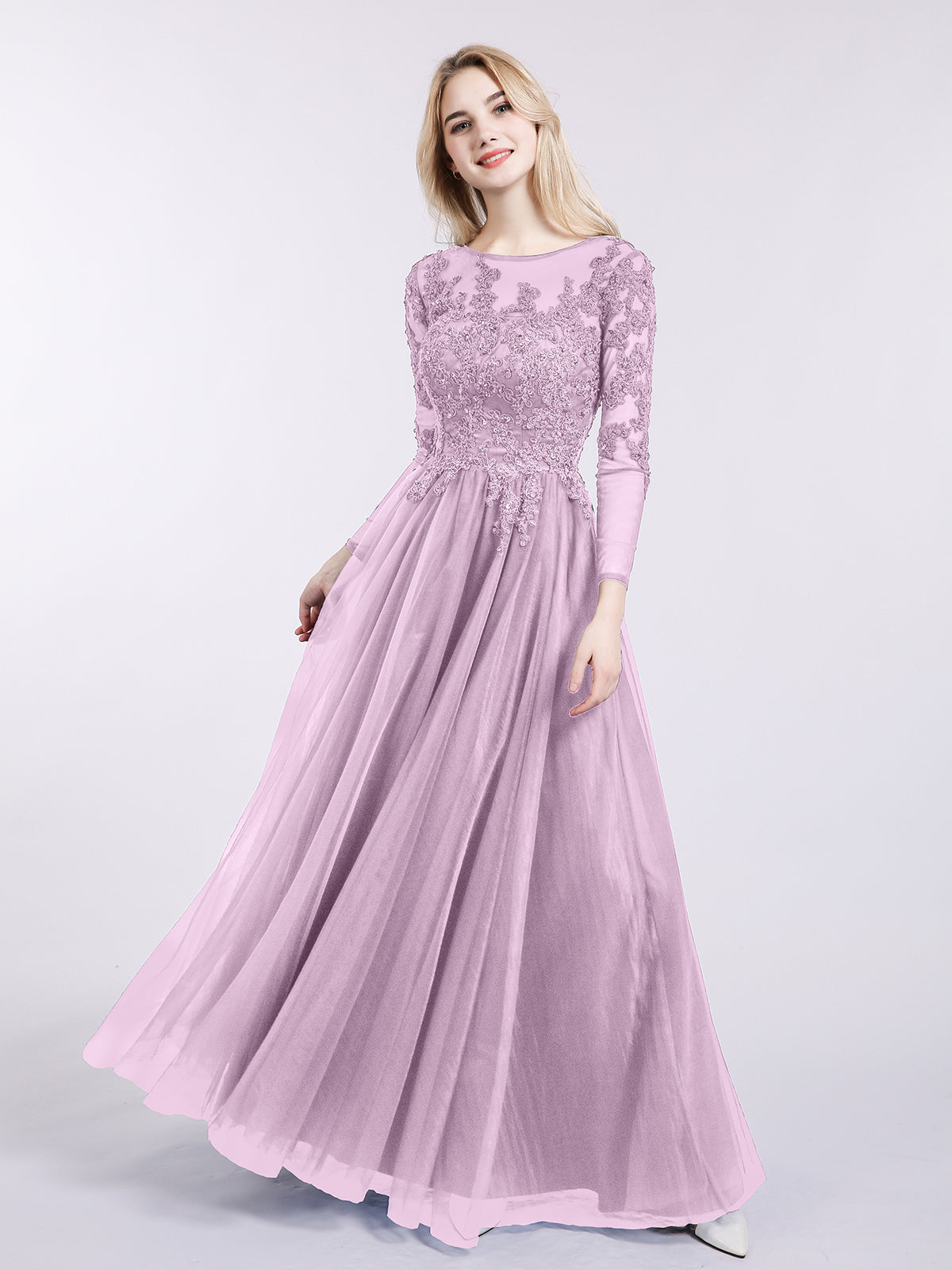 BABARONI Tulle with Appliqued Long Sleeves Dress-Vintage Mauve, Vintage Mauve / US0 BABARONI Tulle with Appliqued Long Sleeves Dress-Vintage Mauve, Vintage Mauve / US0