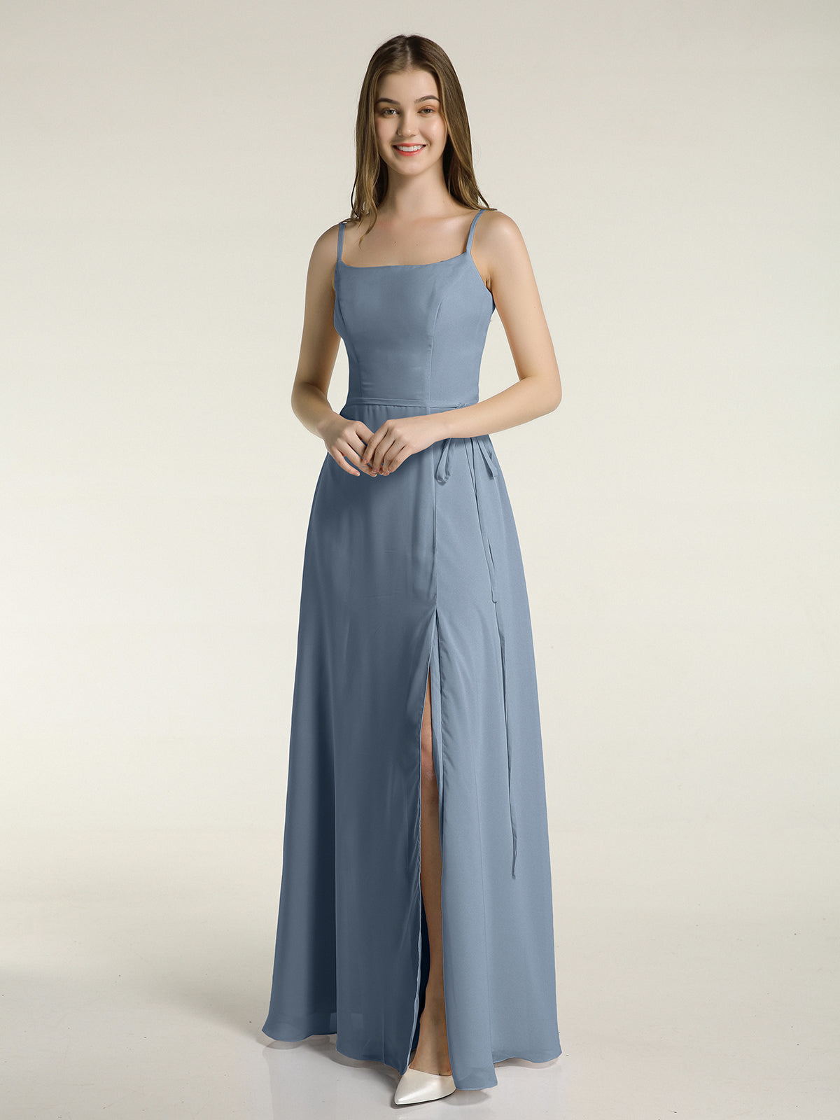 Long Spaghetti Straps Chiffon Dress with Lace Top Dusty Blue Plus Size