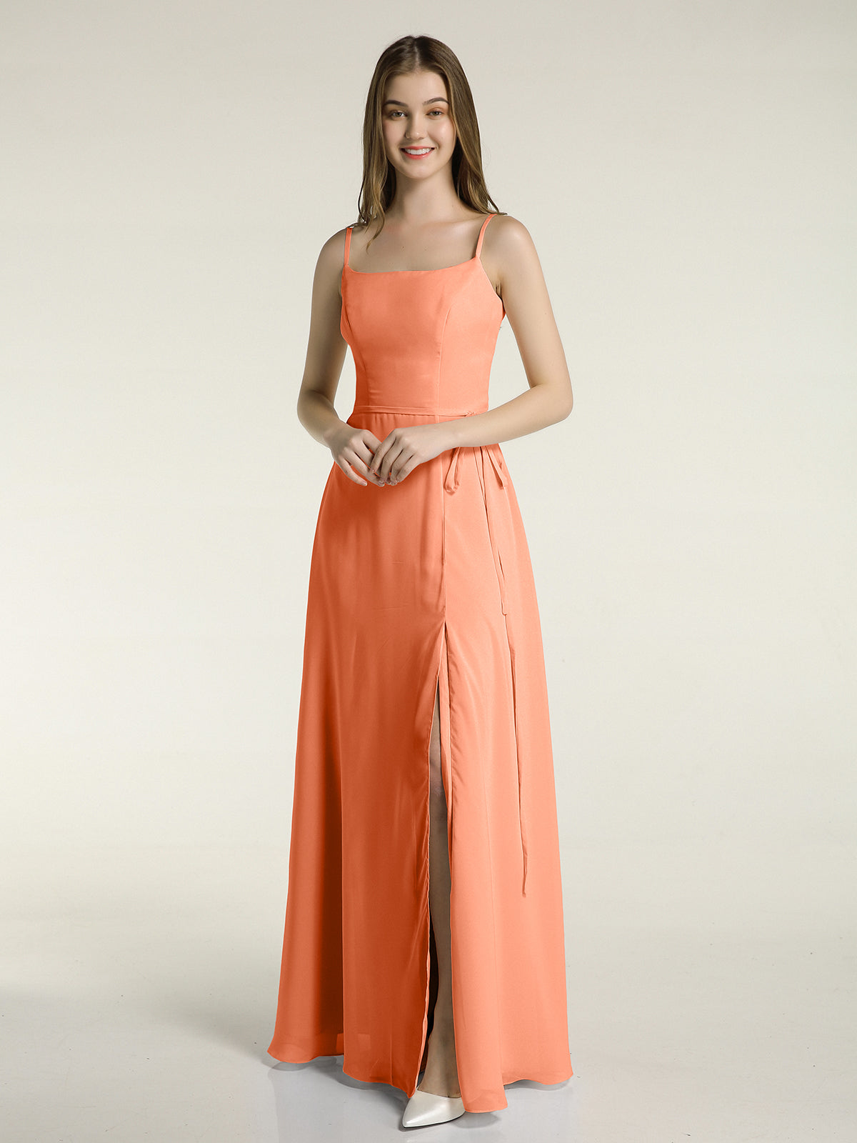 Long Spaghetti Strap Chiffon Gown Scoop Neck High Slit Terracotta main image 1