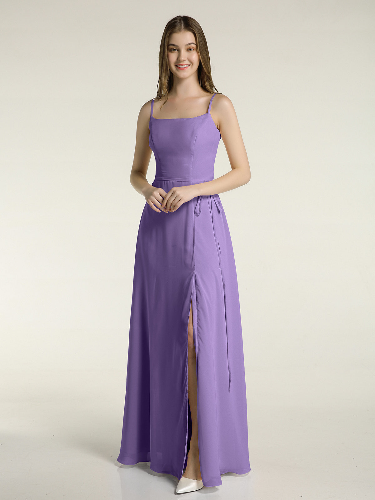 Long Spaghetti Strap Chiffon Gown Scoop Neck High Slit White Plus Size