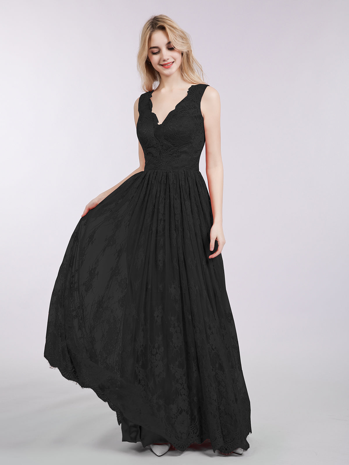 BABARONI Long Full Length Gown with V Neckline-Black, Black / US0