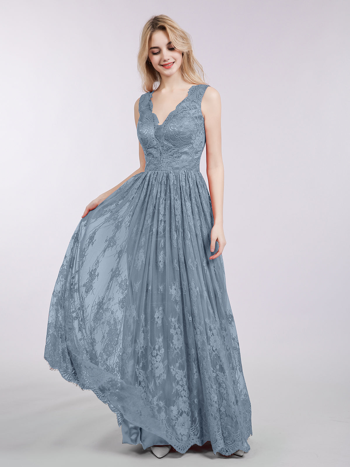 blue dress for baby girl BABARONI Long Full Length Gown with V Neckline-Dusty Blue Plus size, Dusty Blue / US18