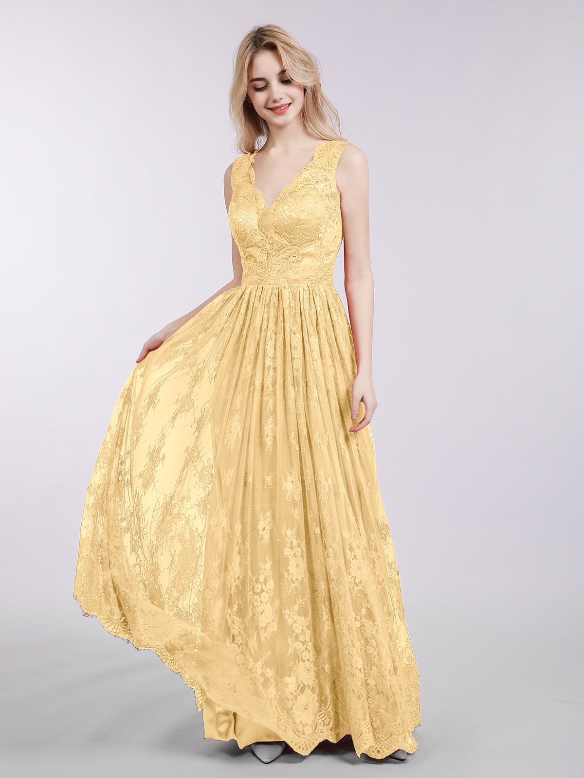 BABARONI Long Full Length Gown with V Neckline-Gold, Gold / US0