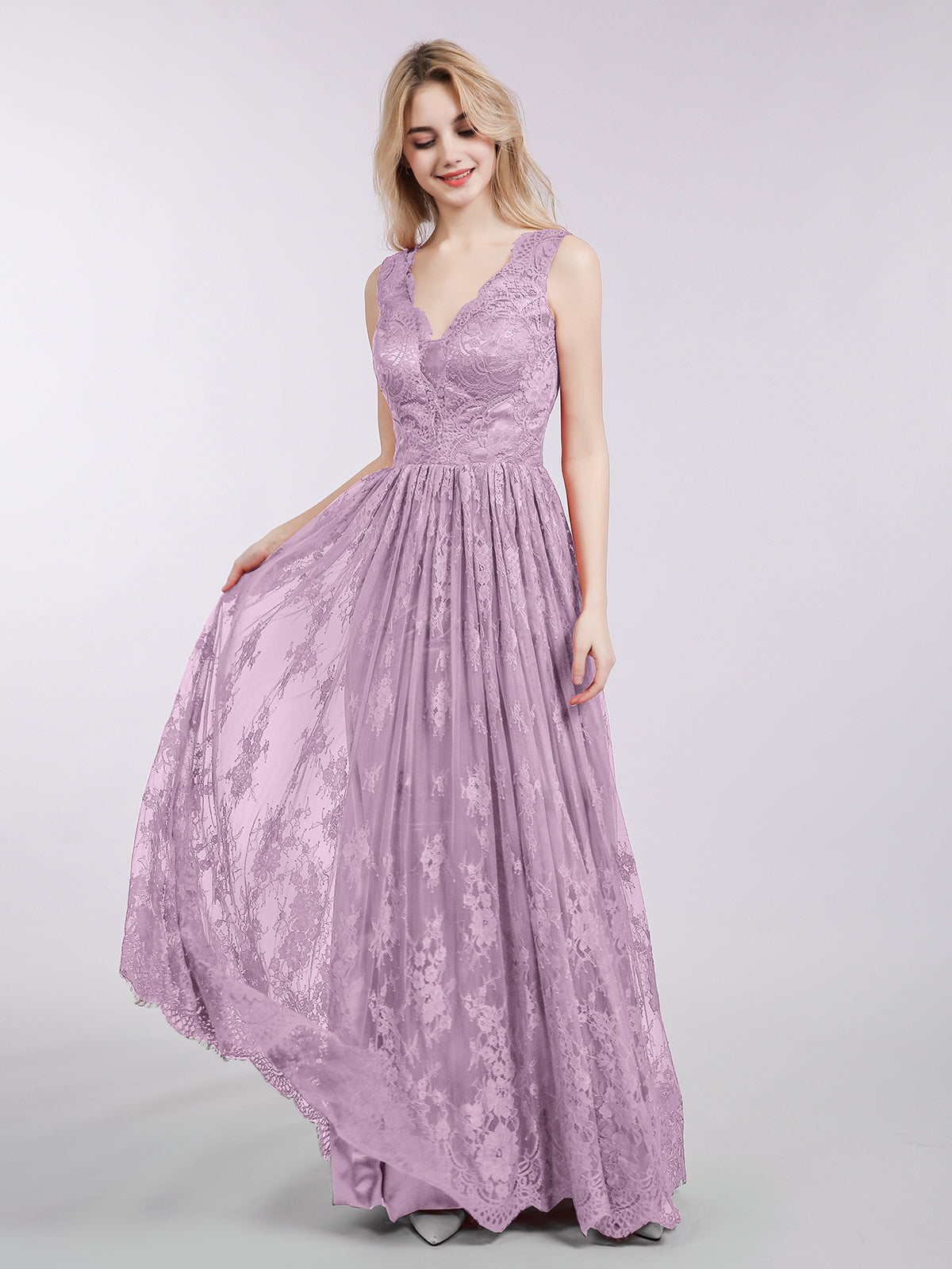 blue dress for baby girl A-Line Chiffon Lace Jewel Sleeveless Long Bridesmaid Dress with Ruffles main image 0