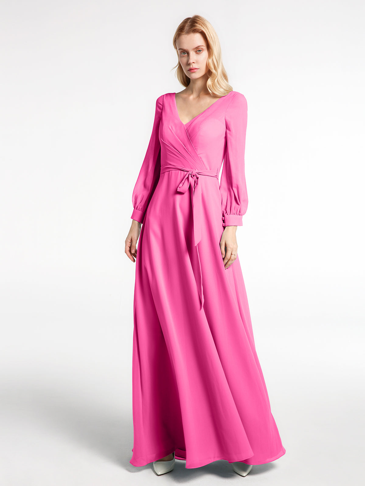 azalea wrap long sleeve maxi dress BABARONI BABARONI Chiffon Azalea Bridesmaid Dresses V-neck Floor-length Long Sleeve Bow A-line, Azalea / US0